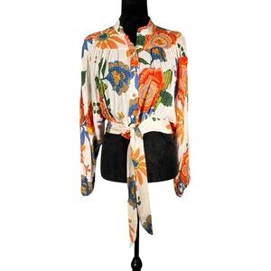 Nicole Miller Cream Boho Blouse Milkmaid Orange Floral Balloon Sleeve Tropical